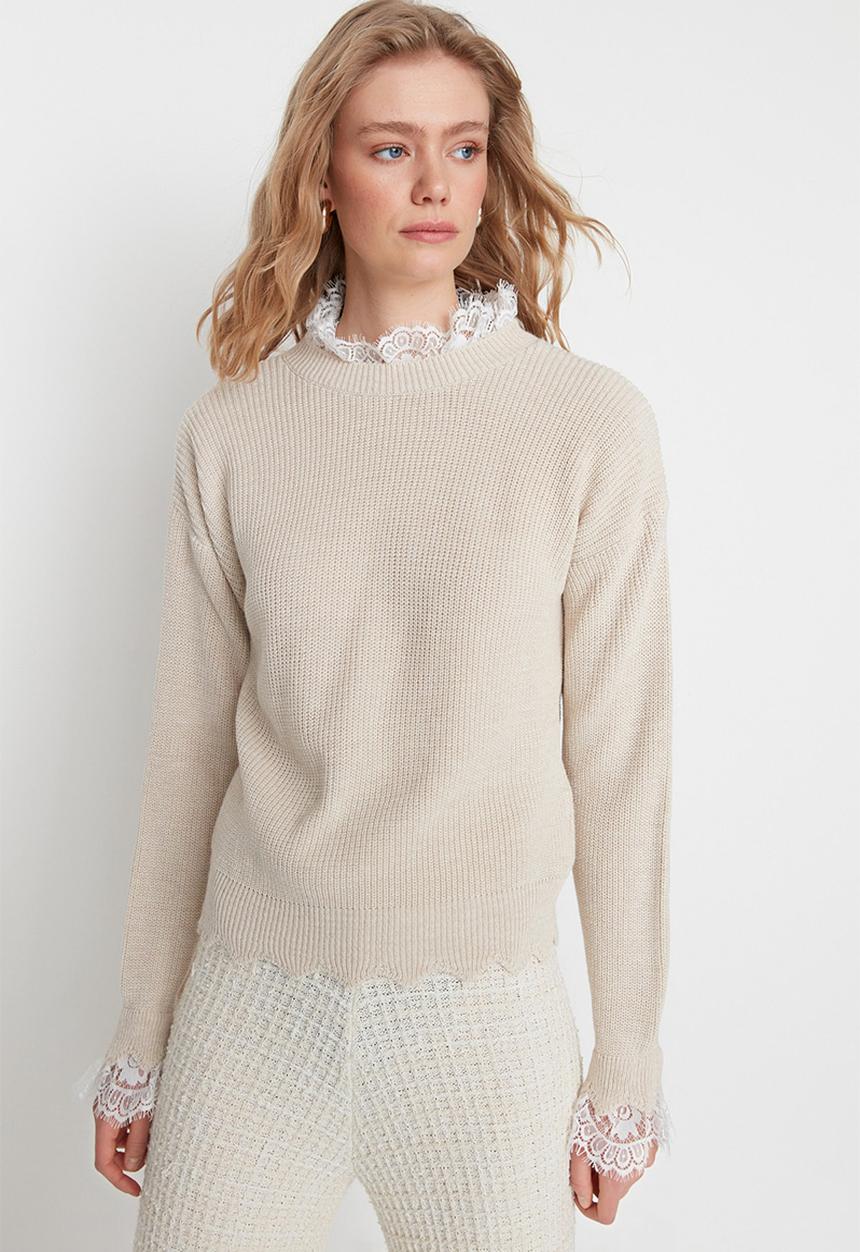 Trendyol - Lace ruffle detailed sweater - stone