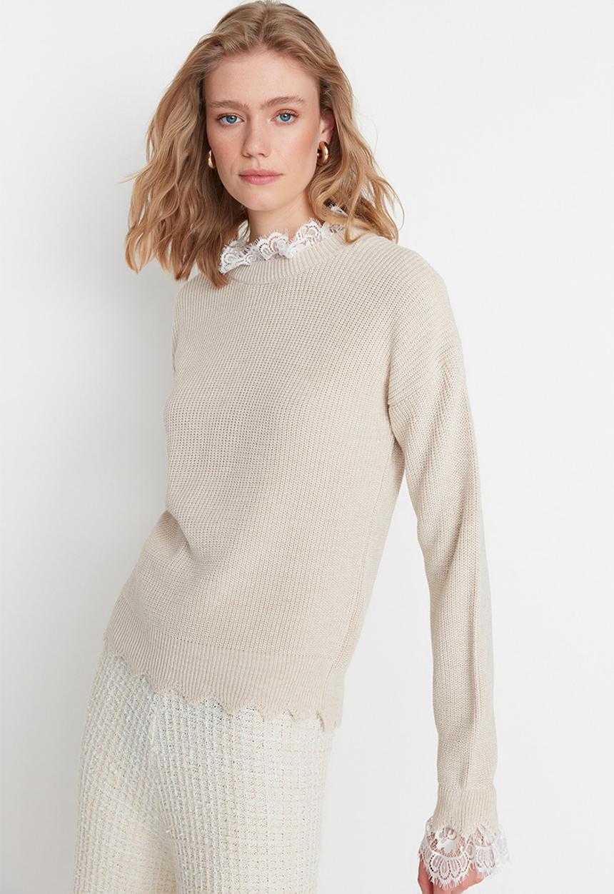 Trendyol - Lace ruffle detailed sweater - stone