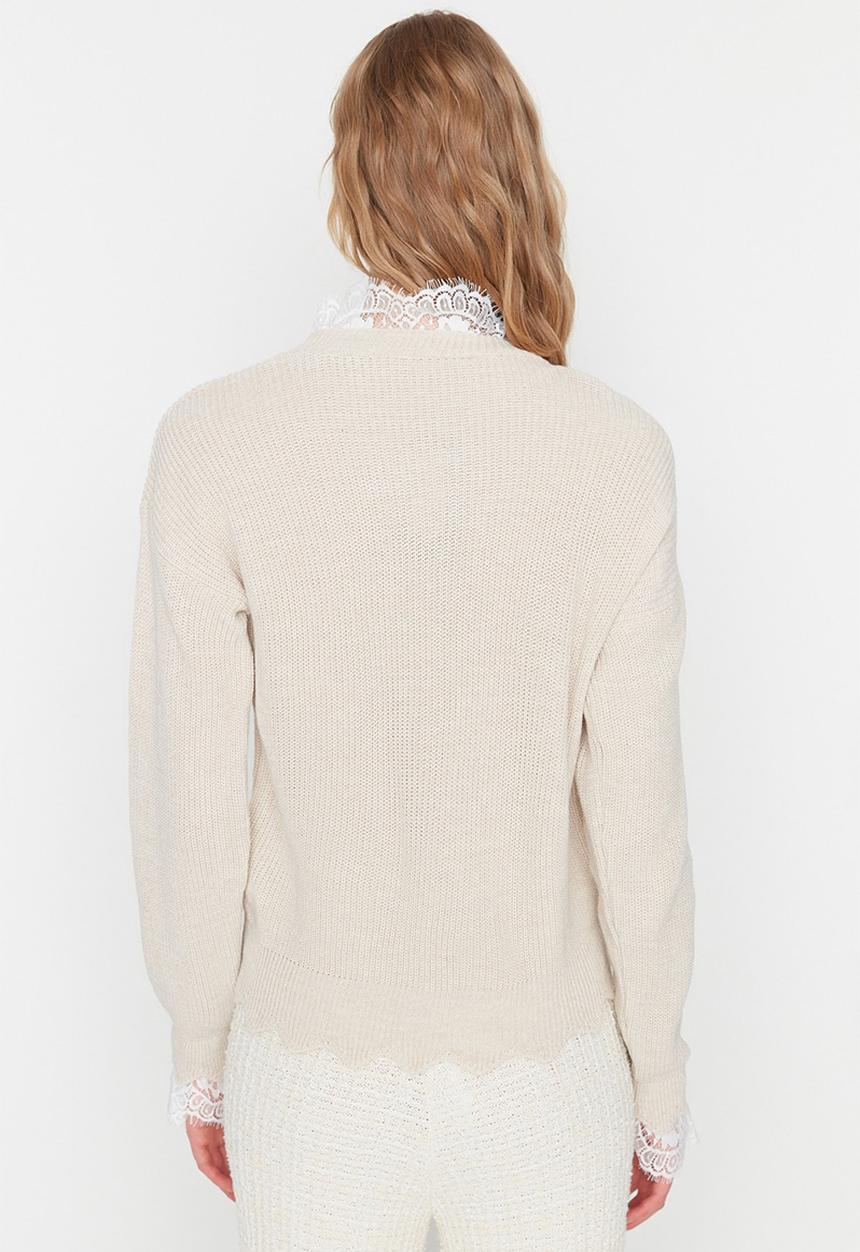 Trendyol - Lace ruffle detailed sweater - stone
