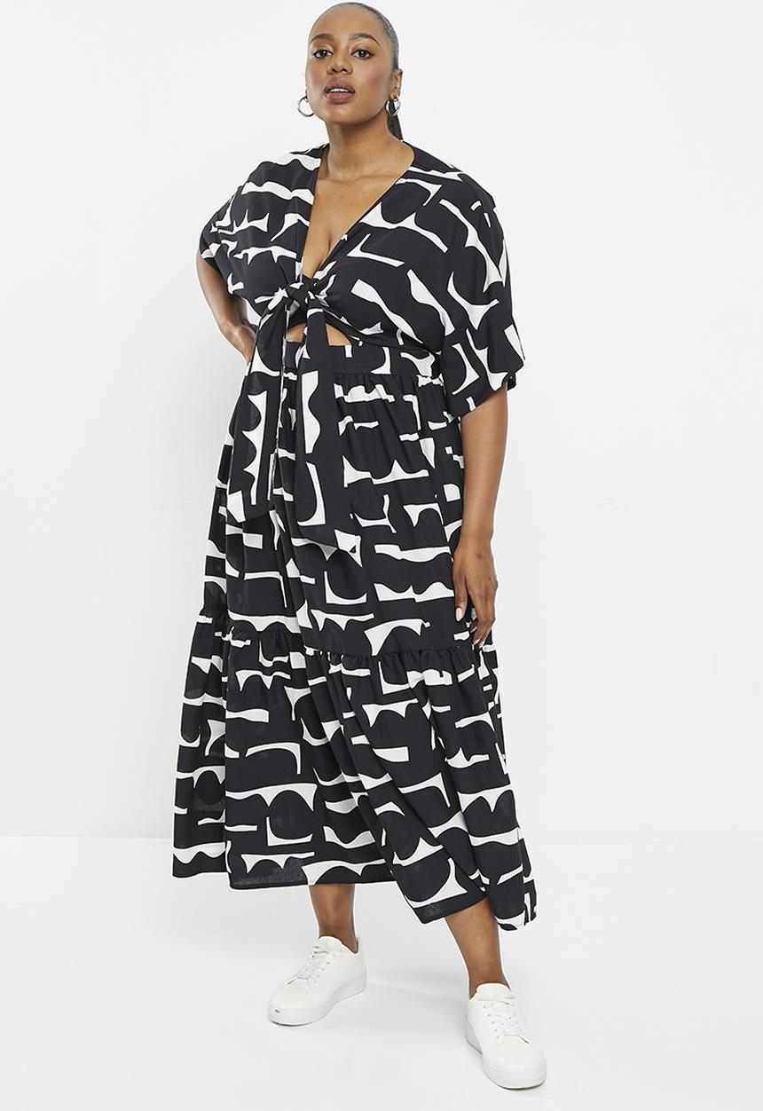 Me&B - Plus the lucy midi dress with tie front detail - black & white