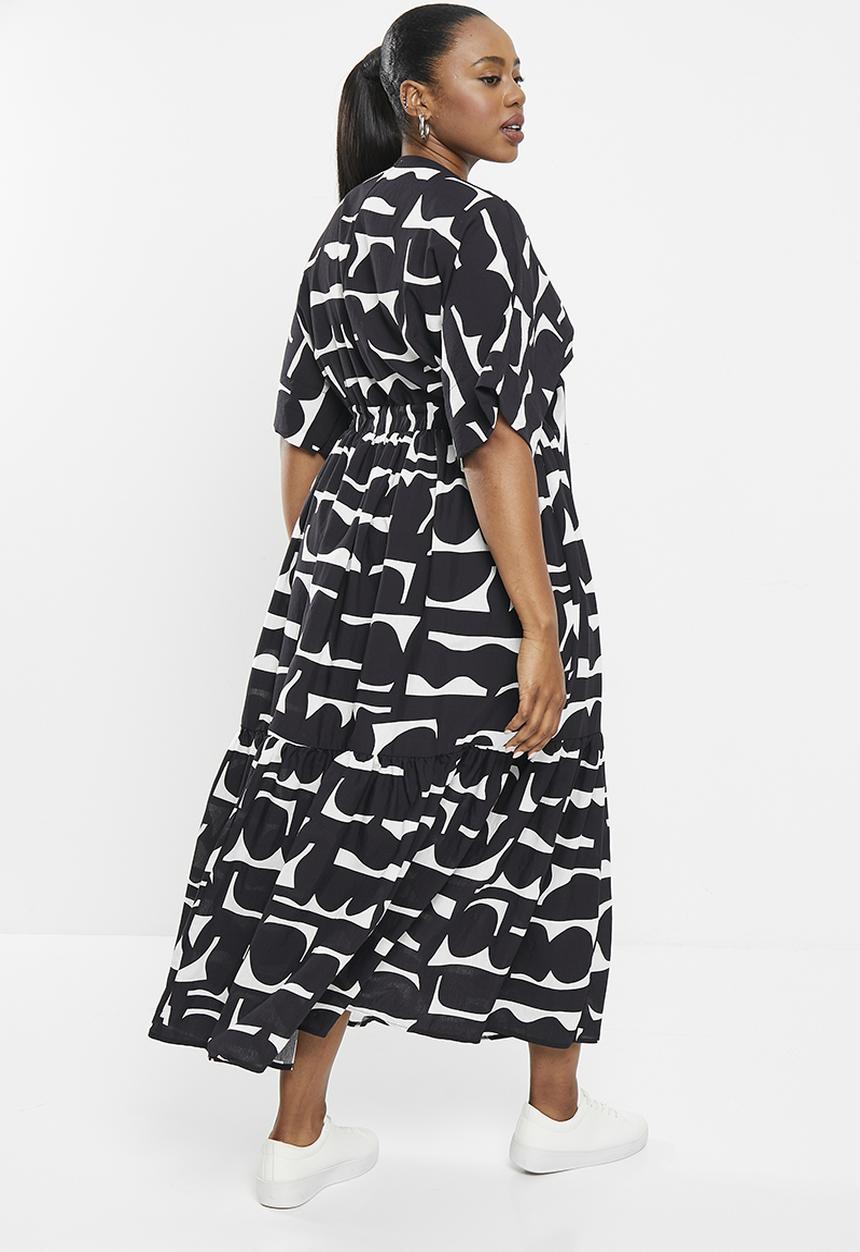 Me&B - Plus the lucy midi dress with tie front detail - black & white