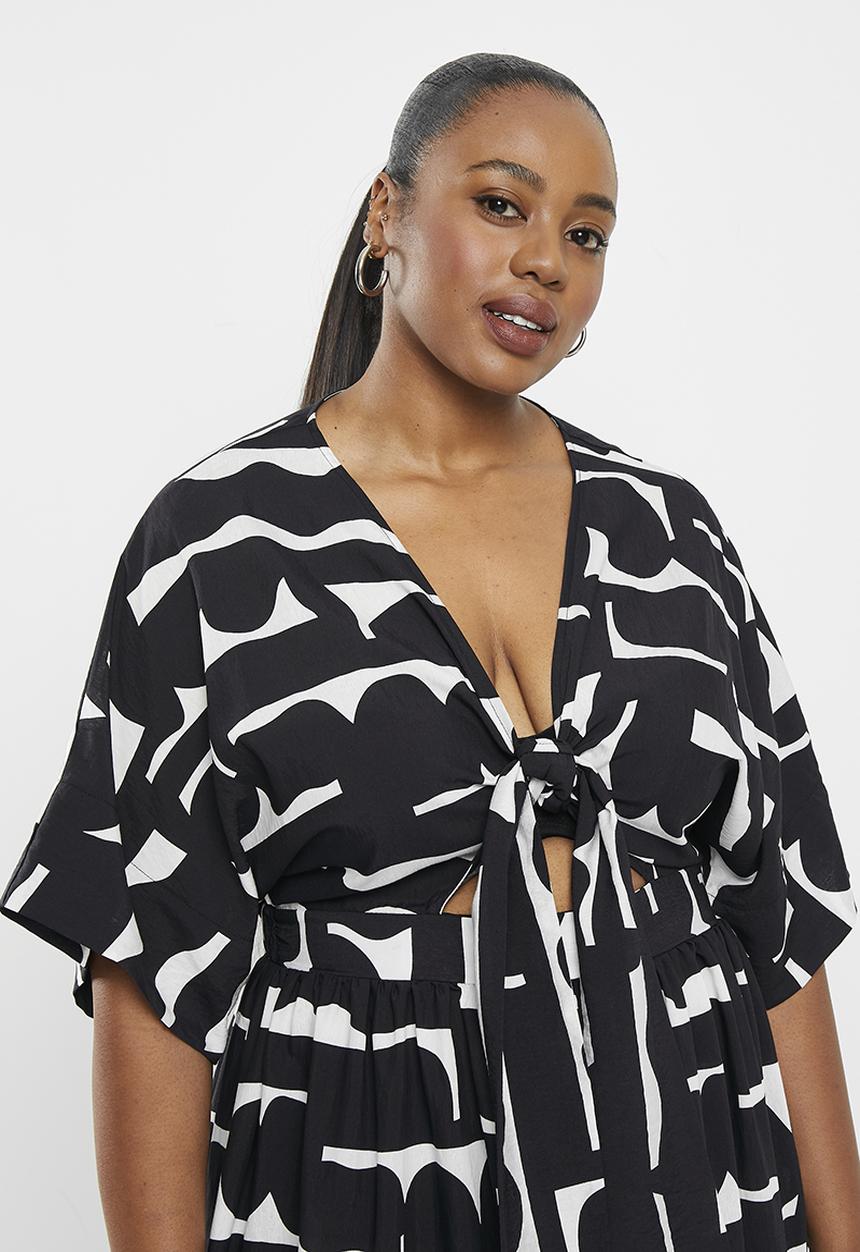 Me&B - Plus the lucy midi dress with tie front detail - black & white