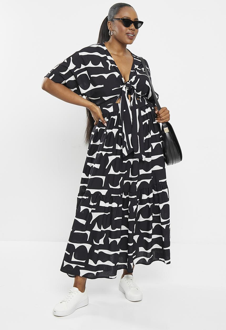 Me&B - Plus the lucy midi dress with tie front detail - black & white