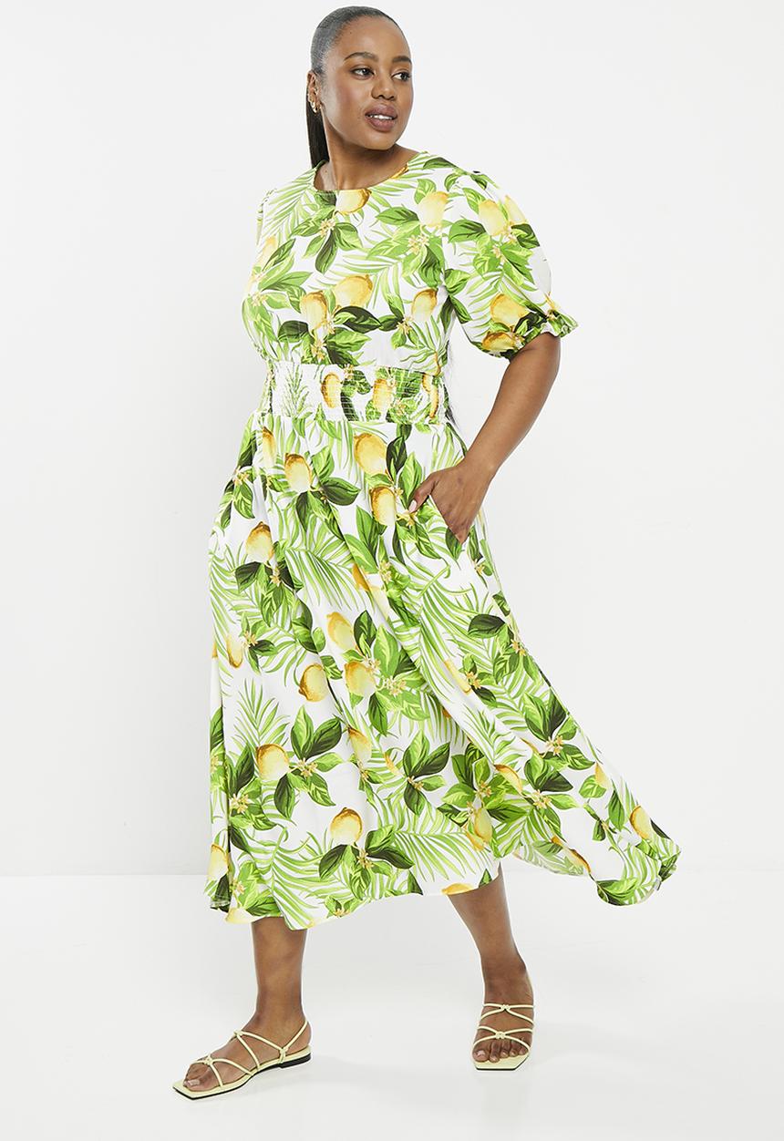 Me&B - Shirred waist & shoulder round neck dress - lemon print