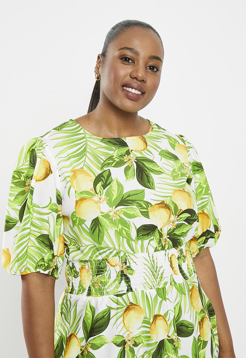 Me&B - Shirred waist & shoulder round neck dress - lemon print