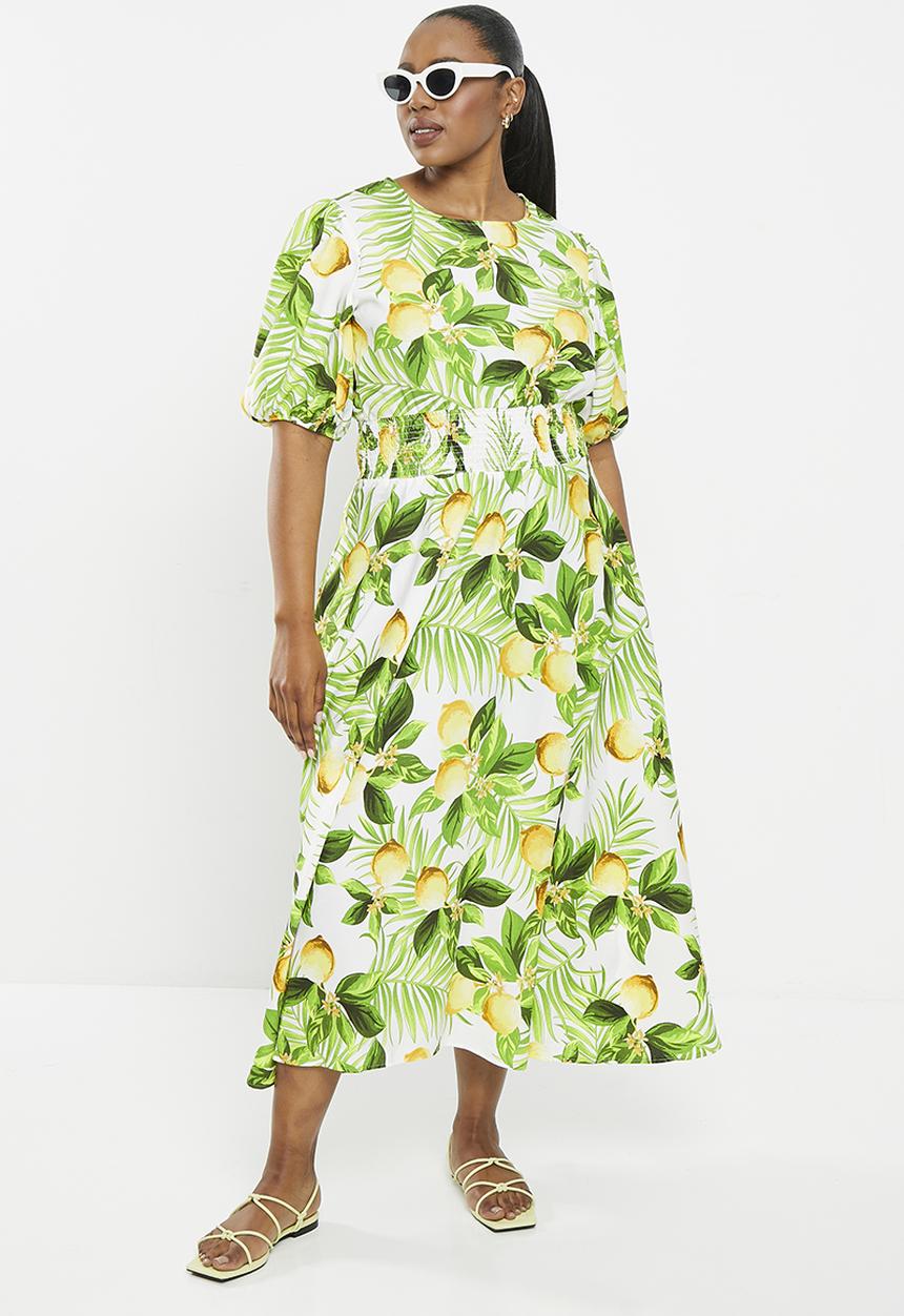 Me&B - Shirred waist & shoulder round neck dress - lemon print