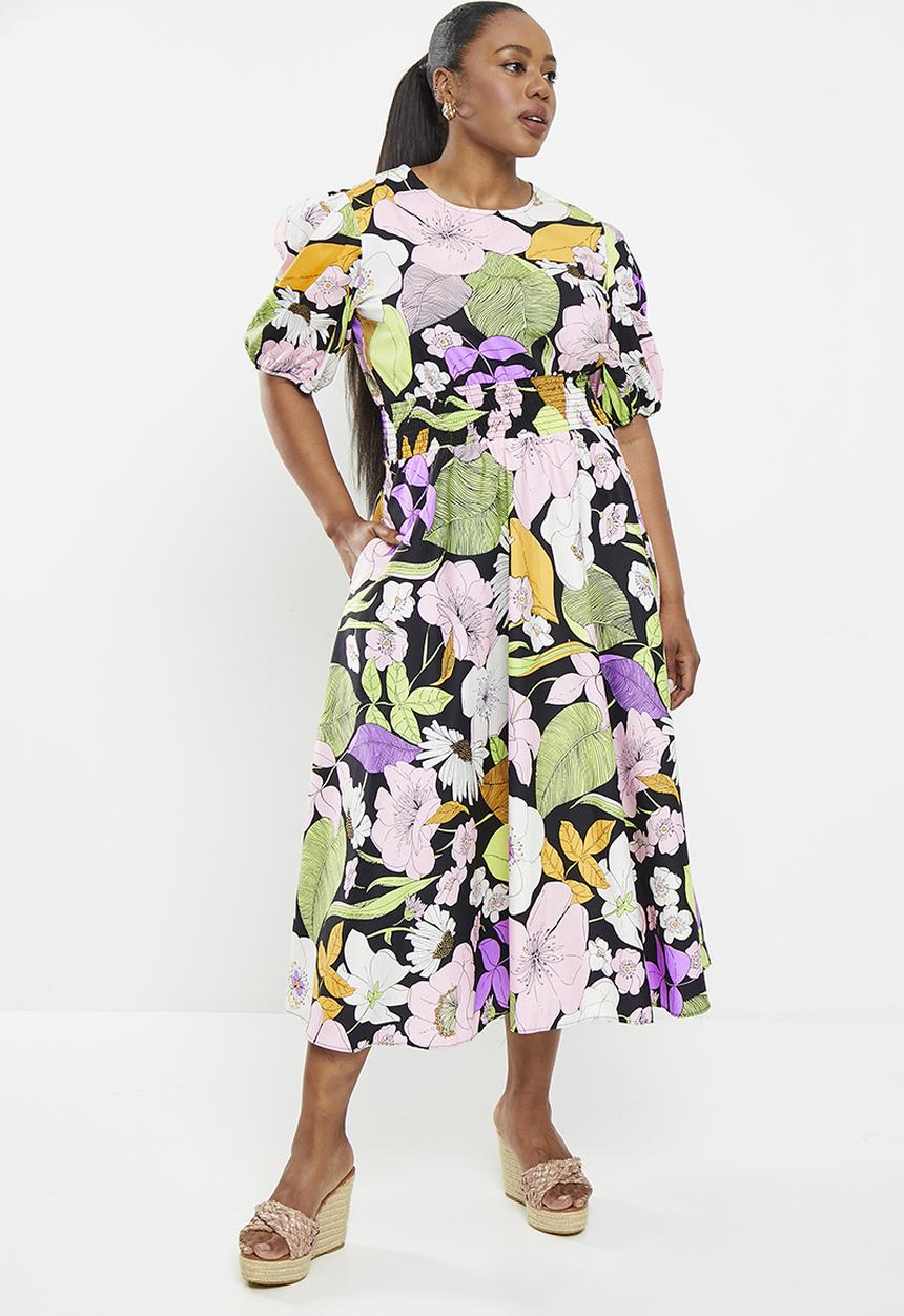 Me&B - Plus the sophia shirred bodice midi dress - midnight bloom