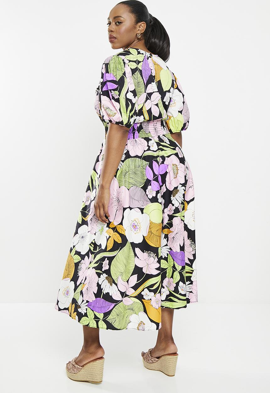 Me&B - Plus the sophia shirred bodice midi dress - midnight bloom
