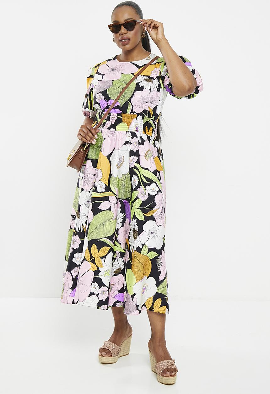 Me&B - Plus the sophia shirred bodice midi dress - midnight bloom