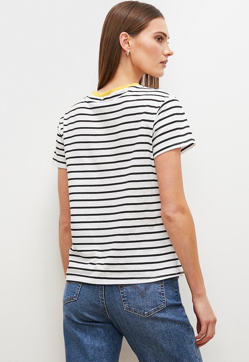 edit - Striped T-shirt contrast neckline - black & white
