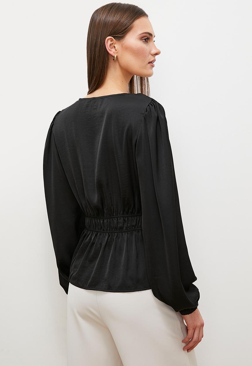 edit - Satin gathered v-neck shell - black