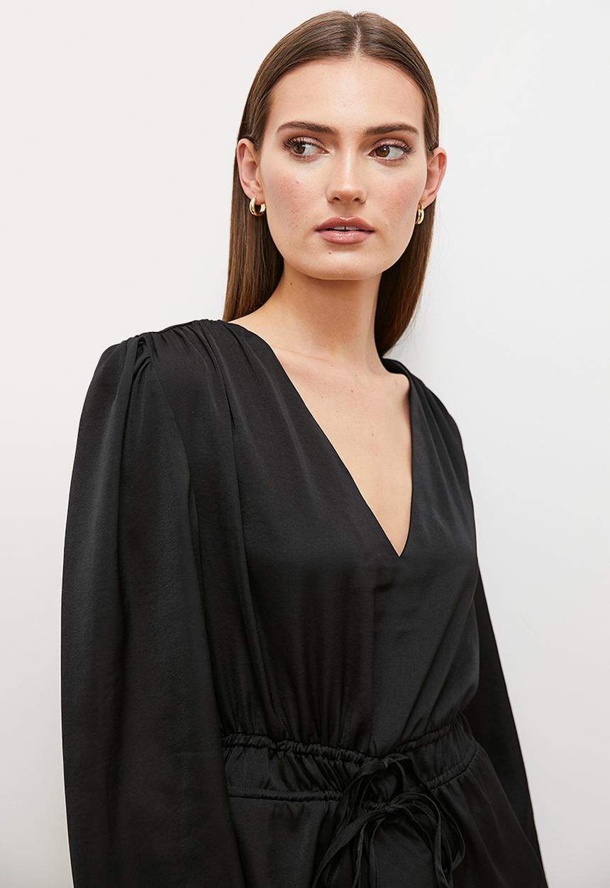 edit - Satin gathered v-neck shell - black