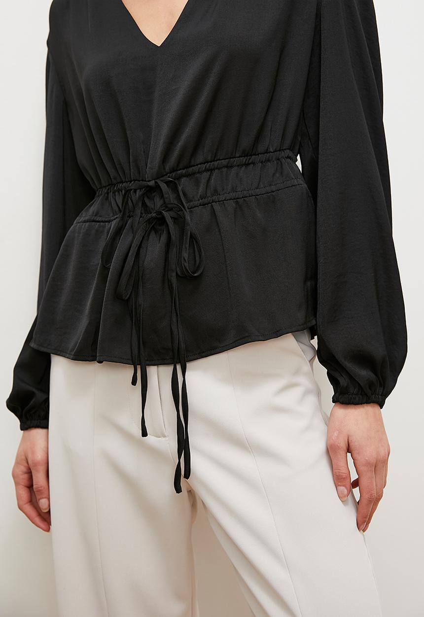 edit - Satin gathered v-neck shell - black