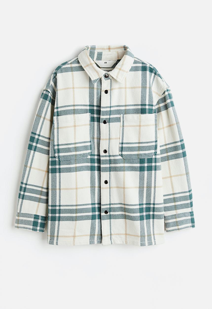 H&M - Oversized flannel shacket - dark green & light beige