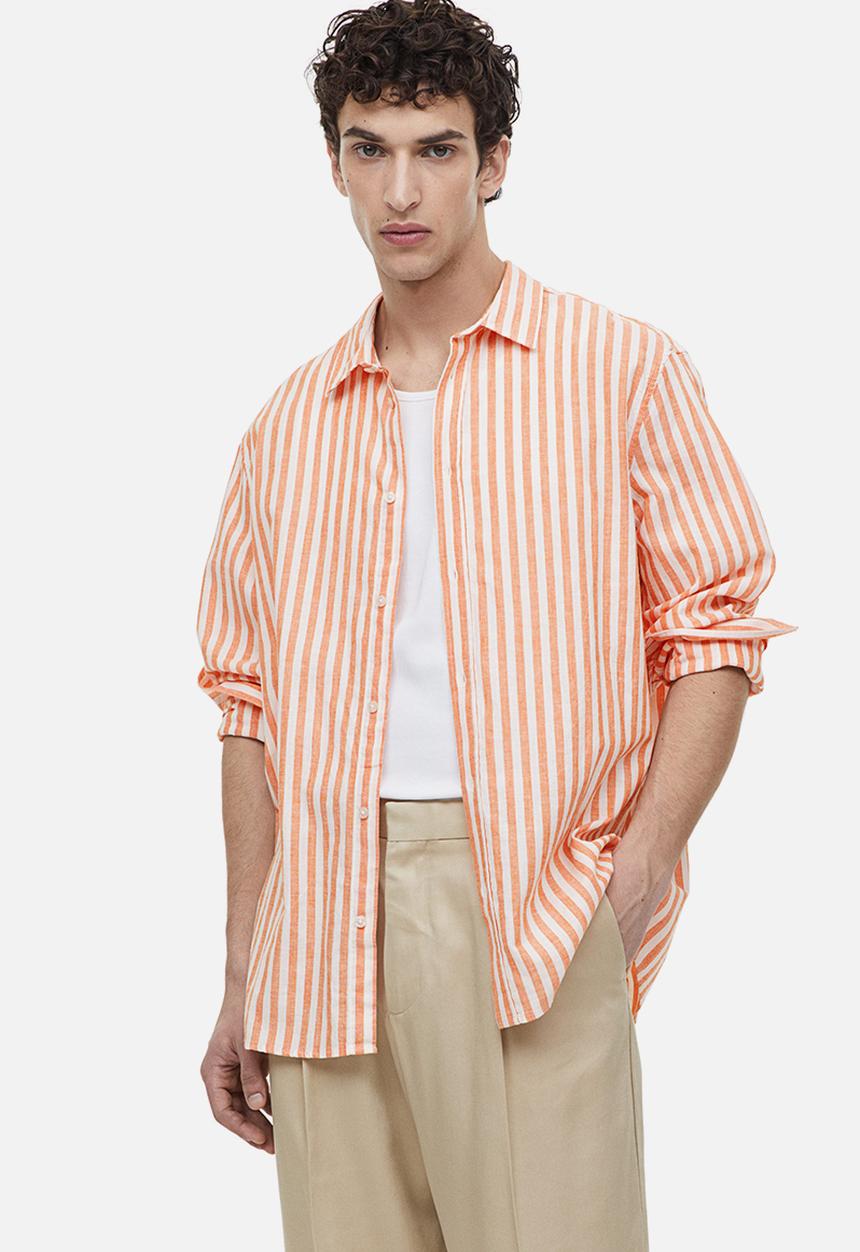 H&M - Regular fit linen-blend shirt - orange striped 
