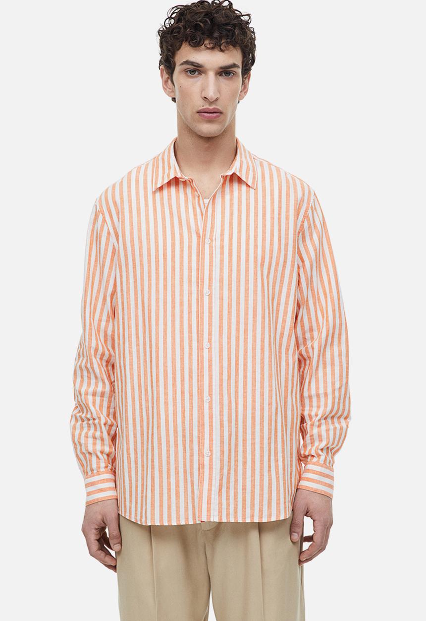 H&M - Regular fit linen-blend shirt - orange striped 