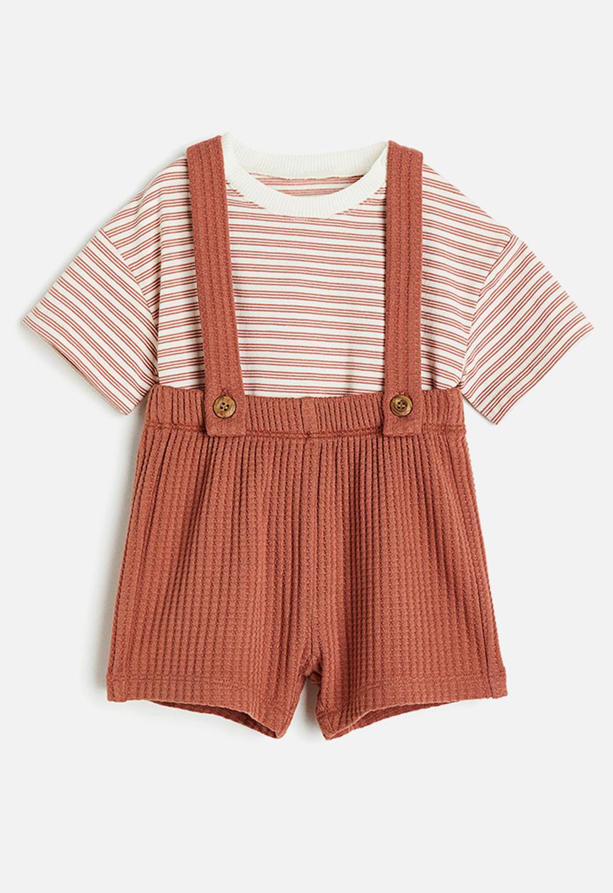 H&M - 2-Piece dungaree shorts set - rust red striped 