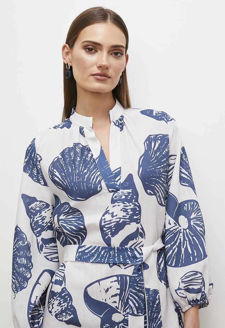 edit - Printed shift dress with belt - sea shell