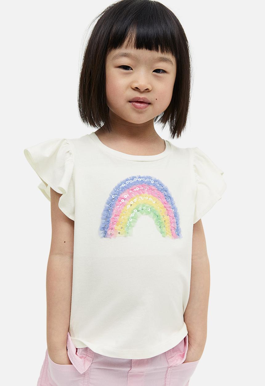 H&M - Motif-detail flutter-sleeved top - white & rainbow