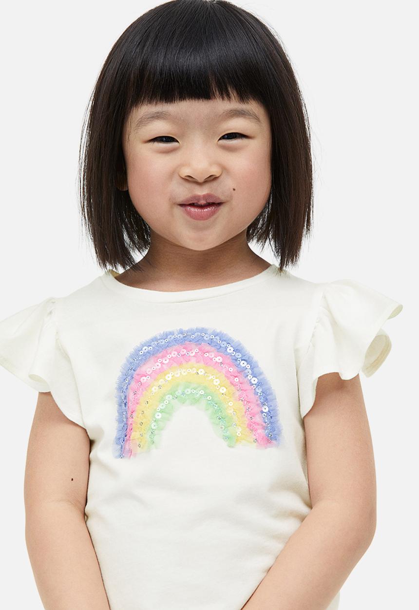 H&M - Motif-detail flutter-sleeved top - white & rainbow