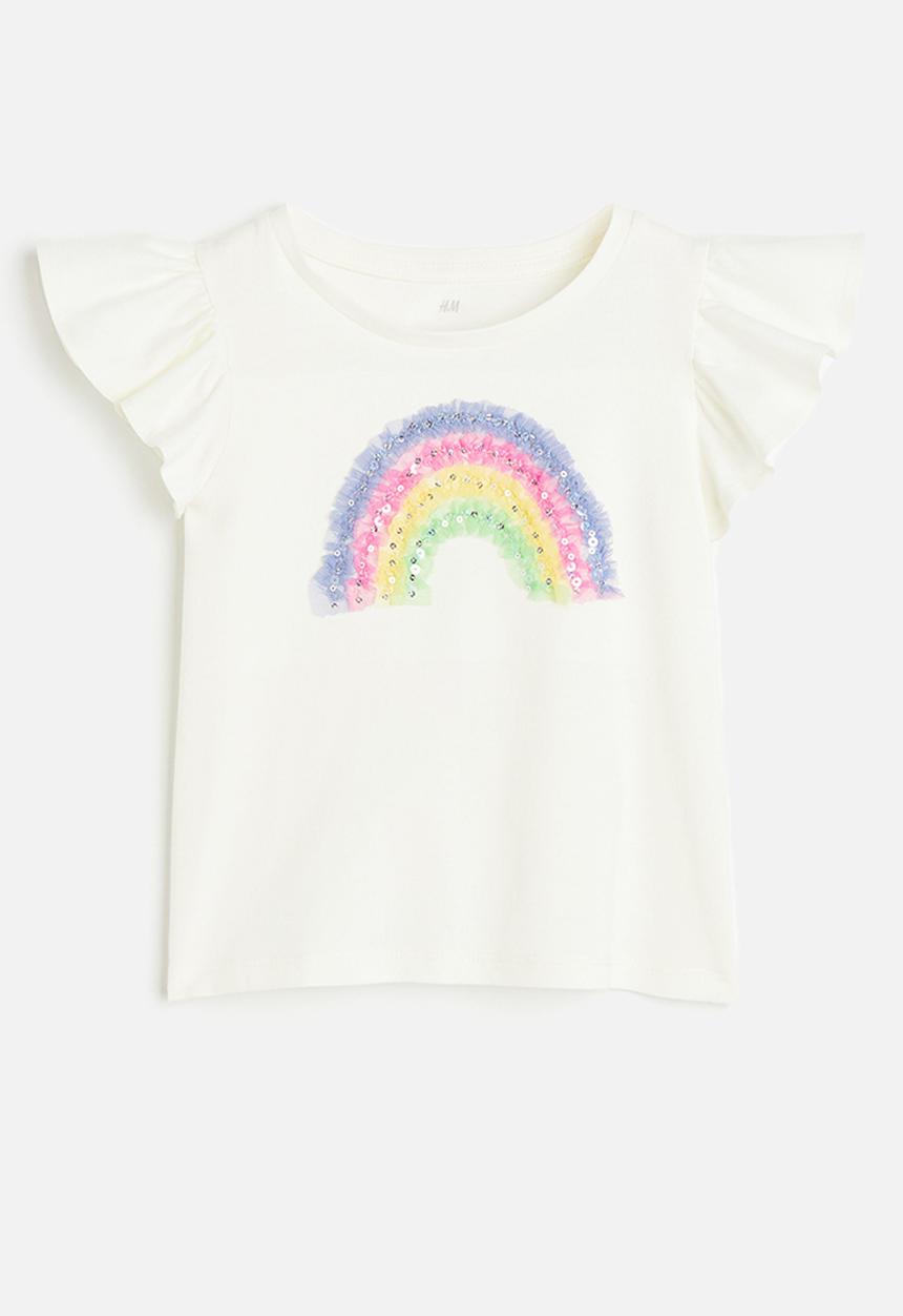 H&M - Motif-detail flutter-sleeved top - white & rainbow