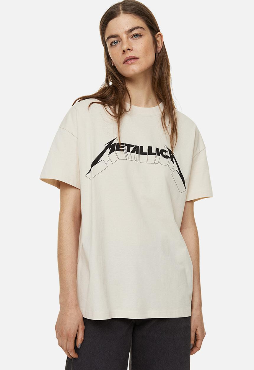 H&M - Oversized printed t-shirt - light beige metallica 