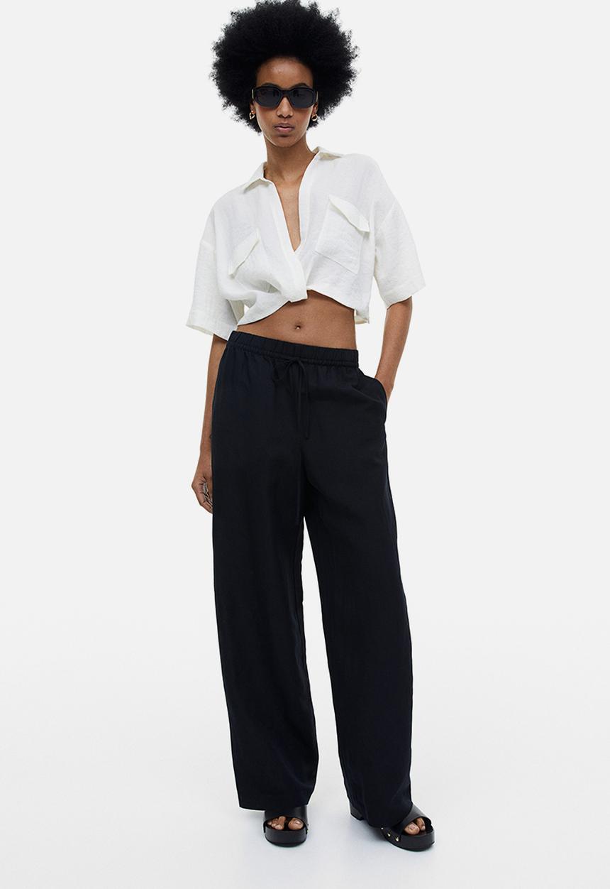 H&M - Linen-blend pull-on trousers - black