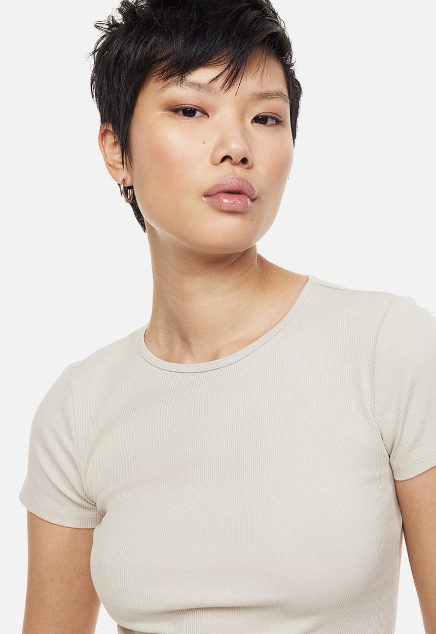 H&M - Ribbed T-shirt - light beige