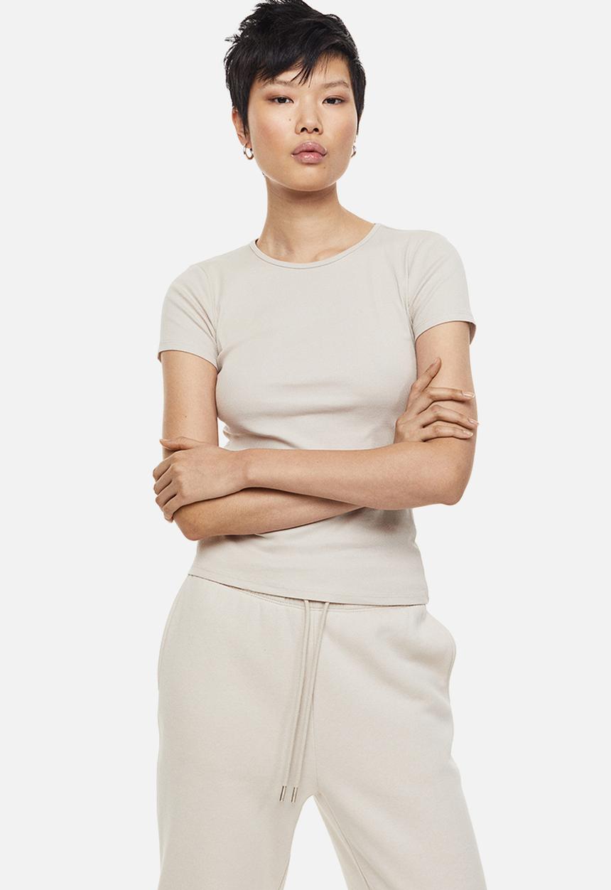 H&M - Ribbed T-shirt - light beige