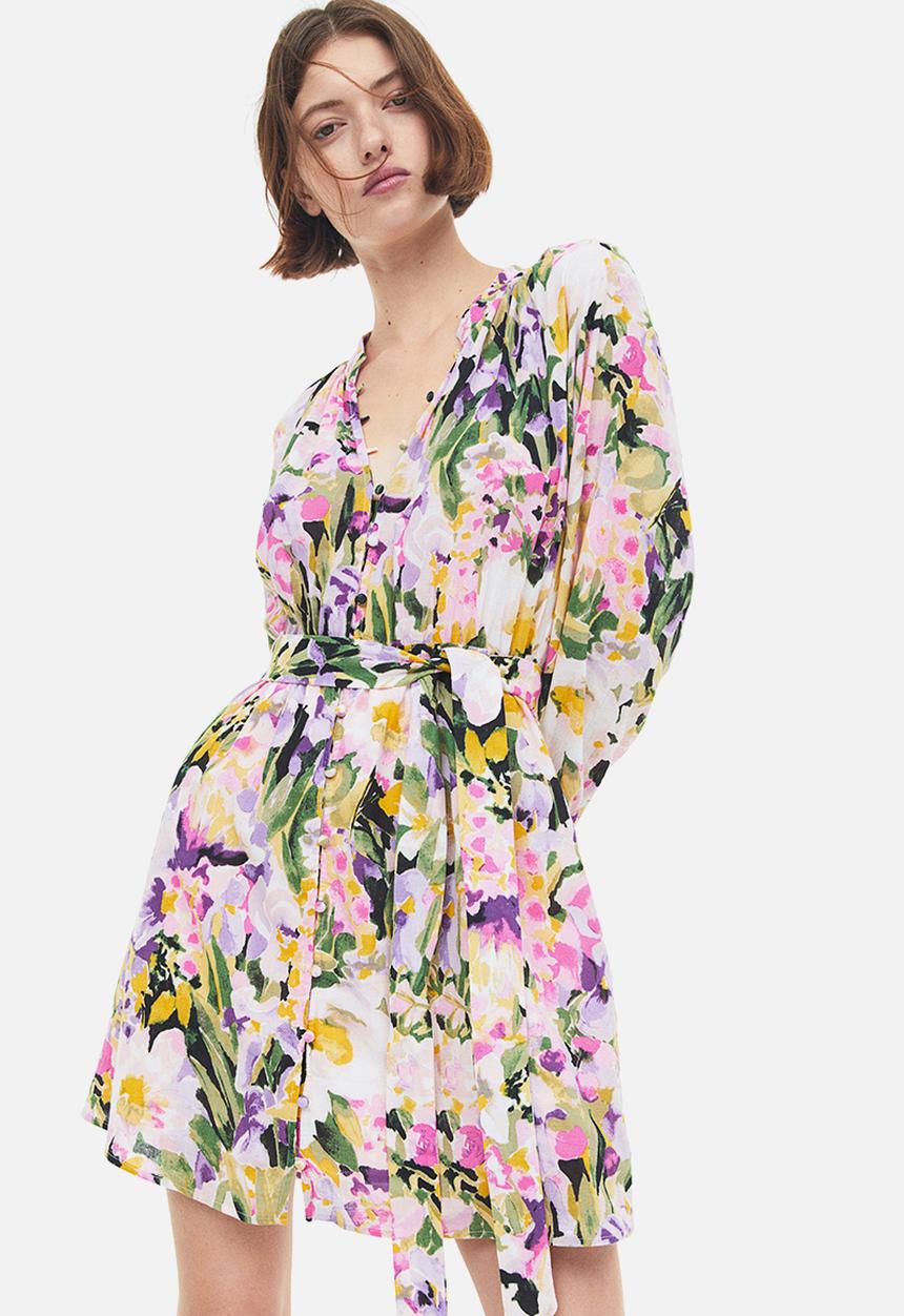 H&M - Tie-belt crêpe dress - light pink floral