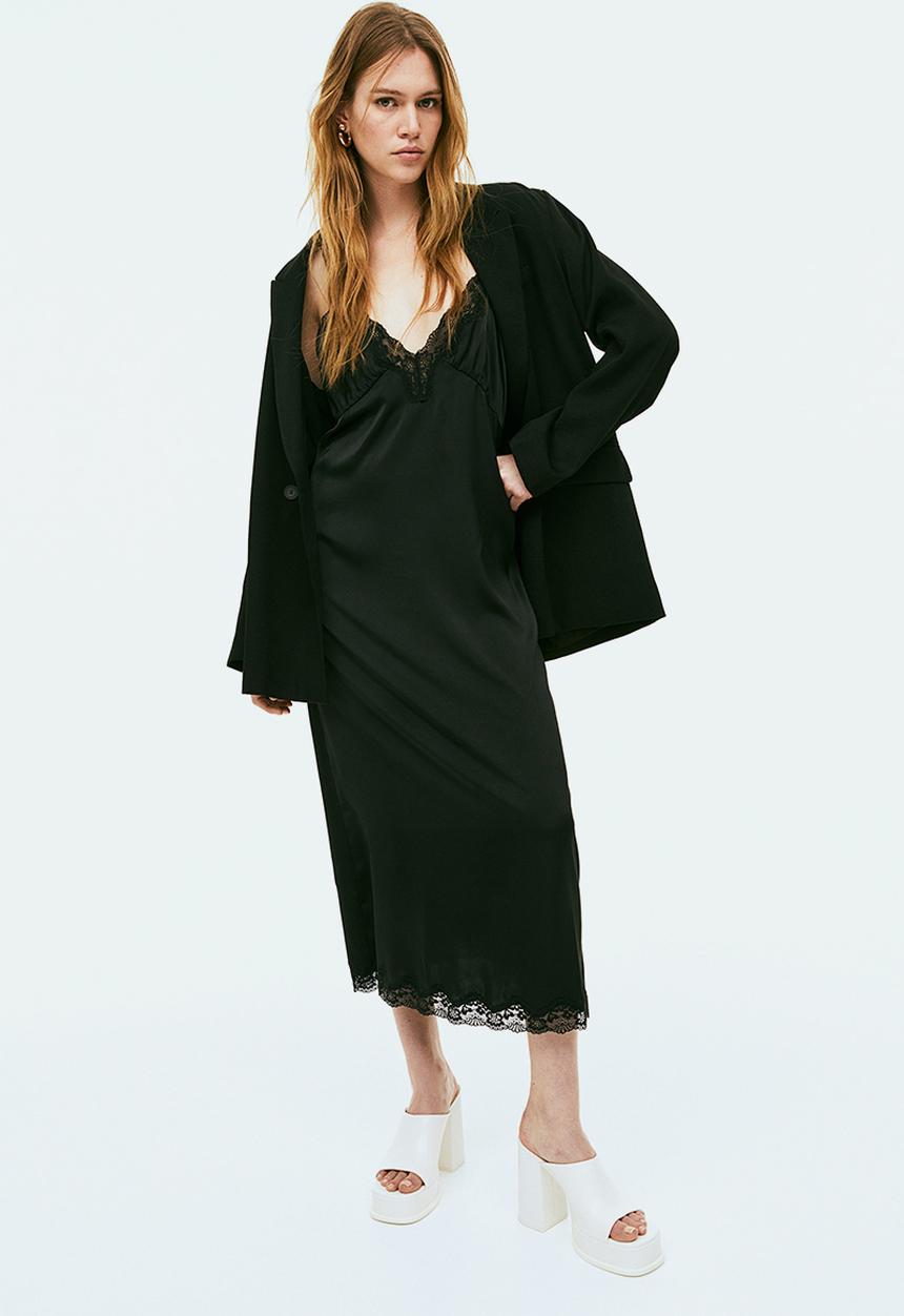 H&M - Lace-trimmed slip dress - black