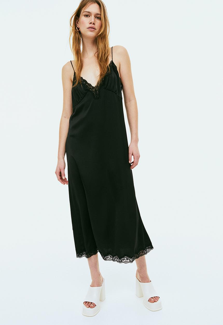 H&M - Lace-trimmed slip dress - black