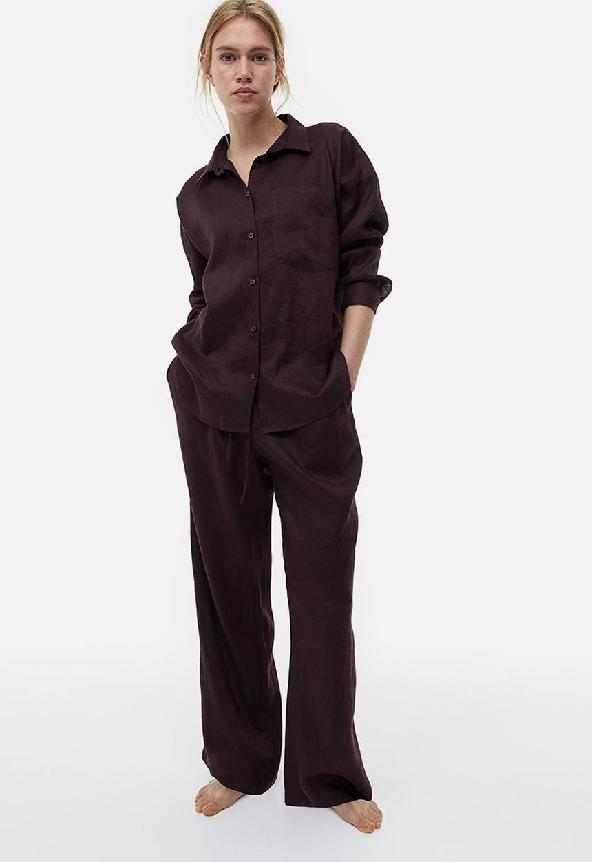 H&M - Wide linen-blend trousers - dark brown 
