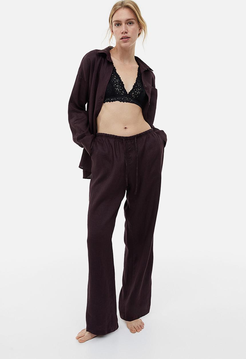 H&M - Wide linen-blend trousers - dark brown 