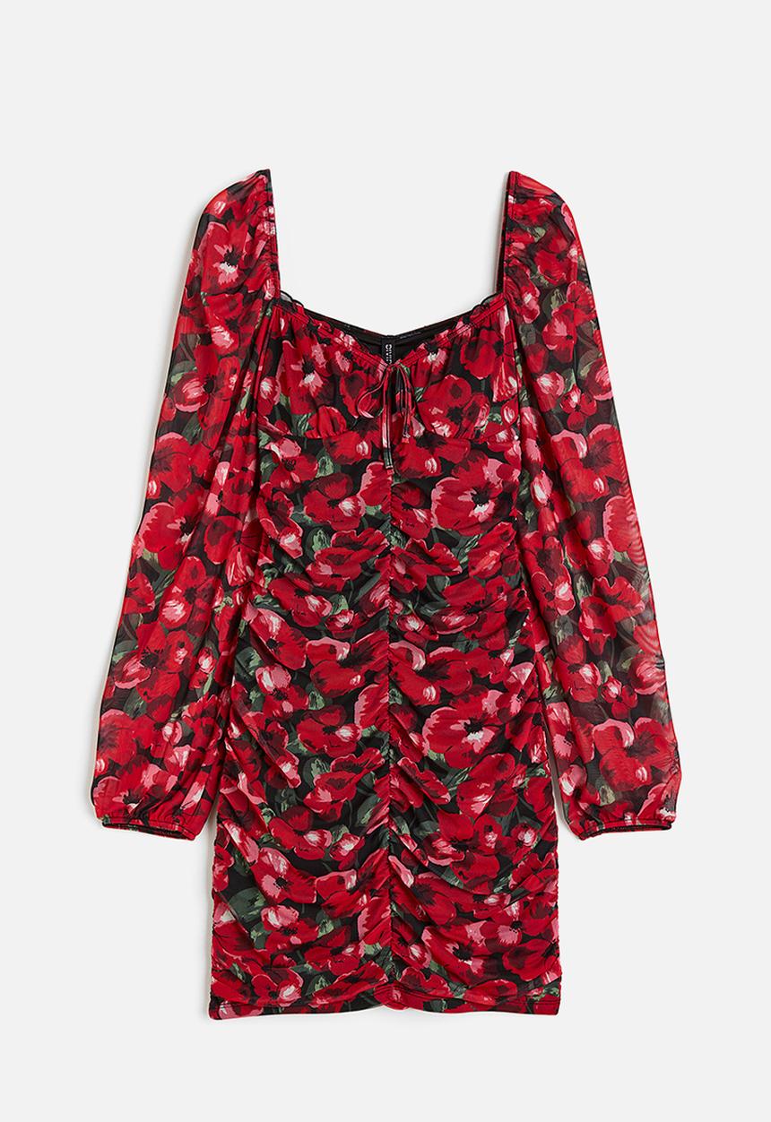 H&M - Gathered mesh dress - red floral 