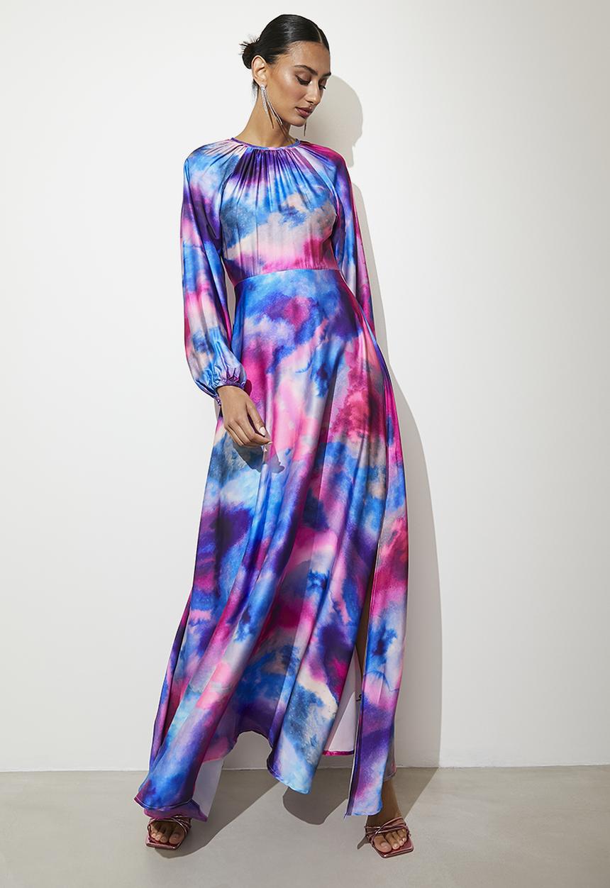 VELVET - Balloon sleeve satin midi dress - pink & blue 