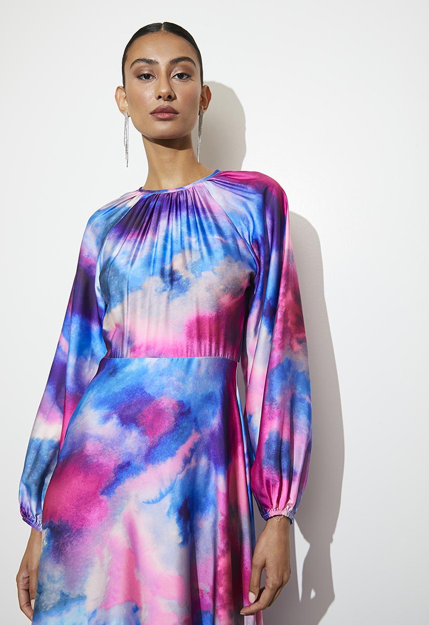 VELVET - Balloon sleeve satin midi dress - pink & blue 