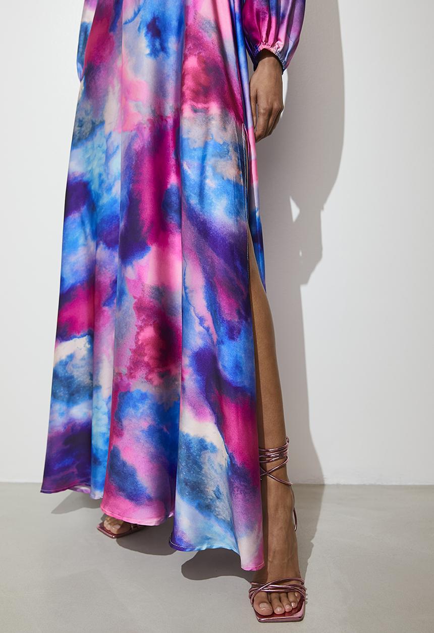 VELVET - Balloon sleeve satin midi dress - pink & blue 