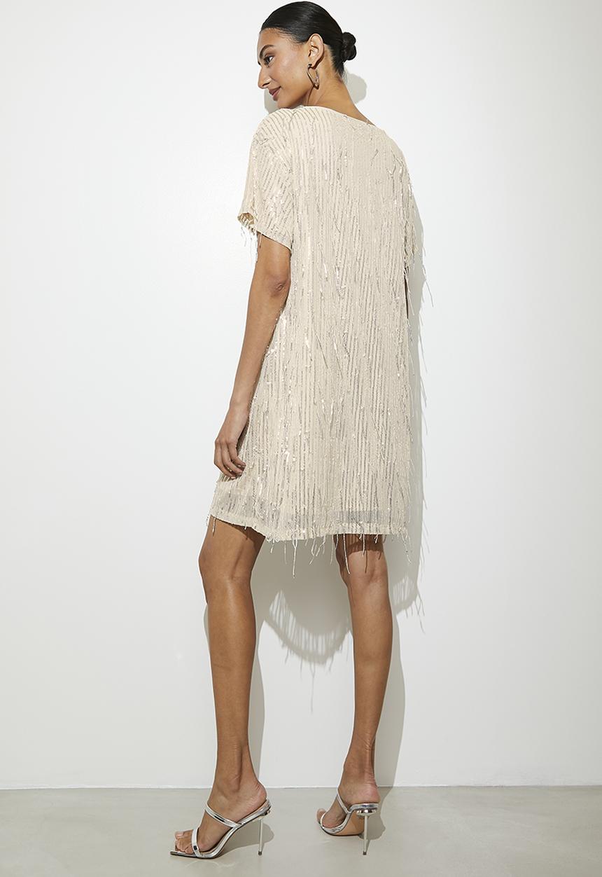 VELVET - Fringe sequin mini shift dress - silver & beige 
