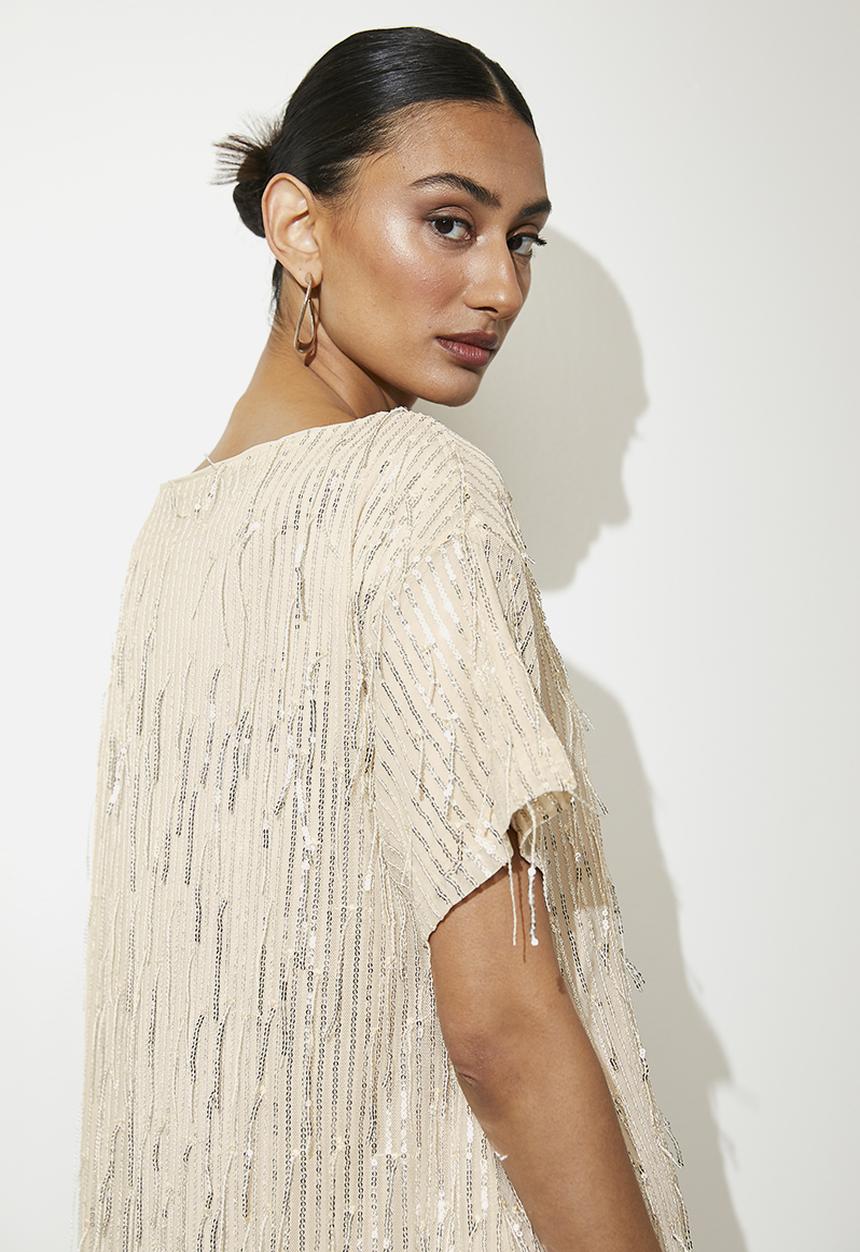 VELVET - Fringe sequin mini shift dress - silver & beige 