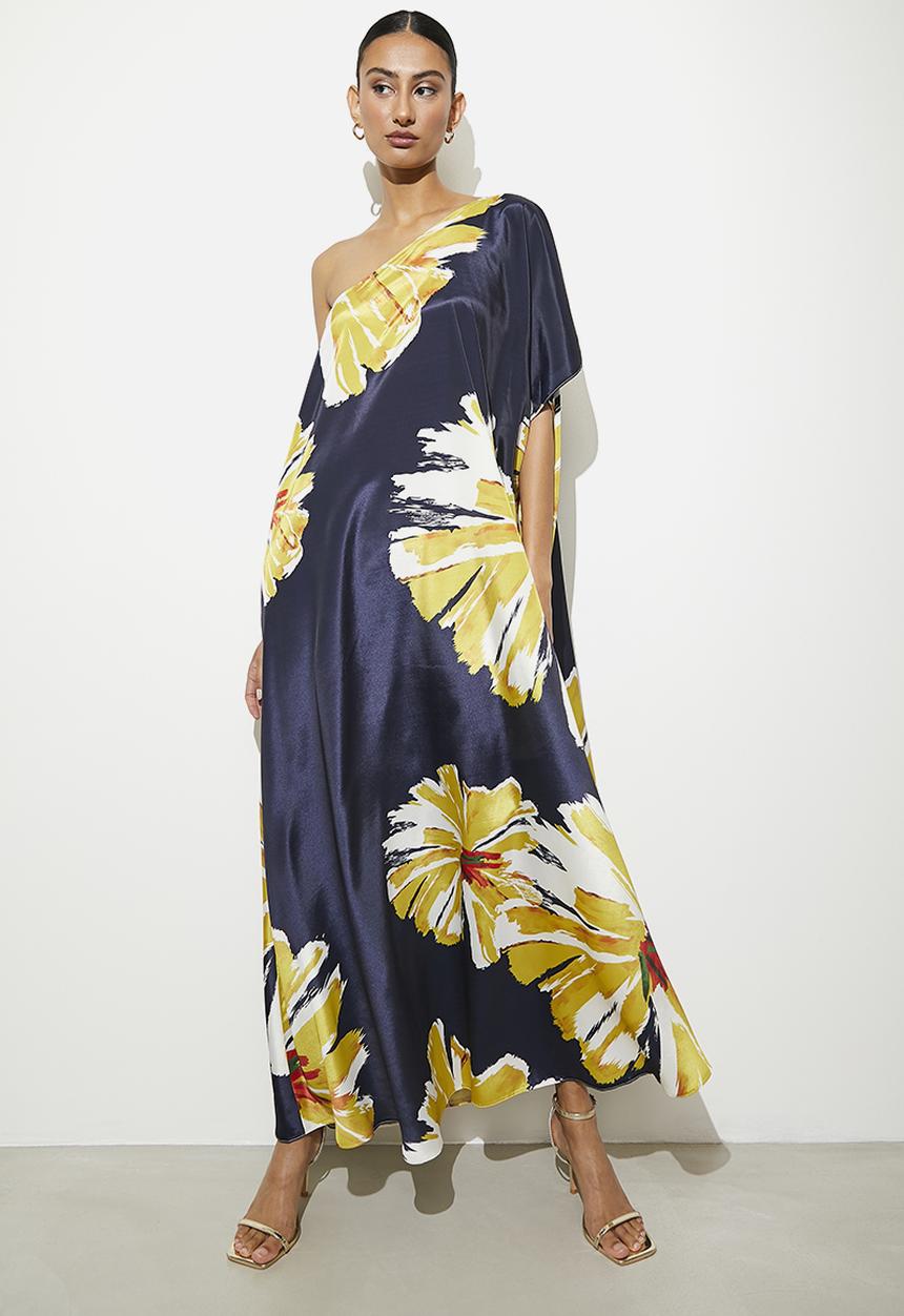 VELVET - Asym kaftan dress - navy & yellow 