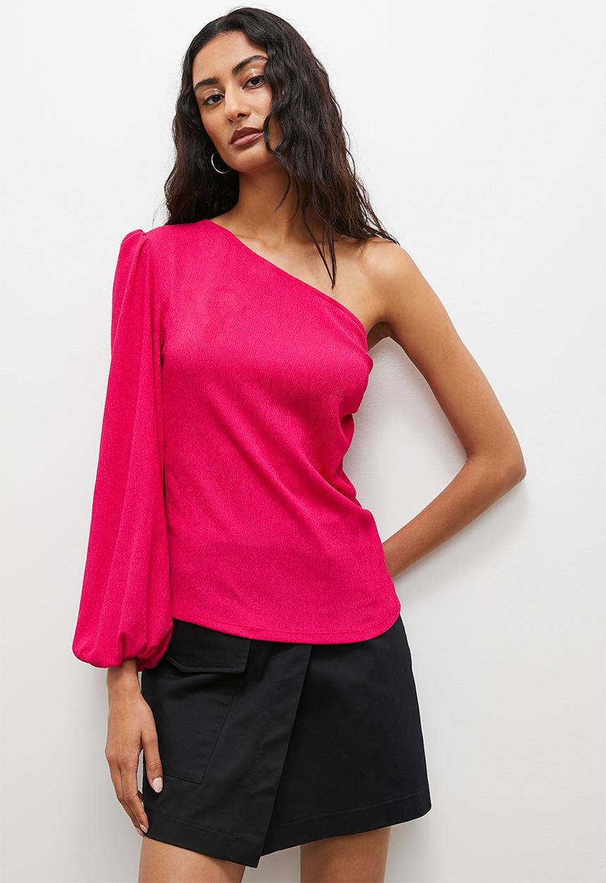 Superbalist - Crinkle knit volume sleeve asymetrical top - fuchsia