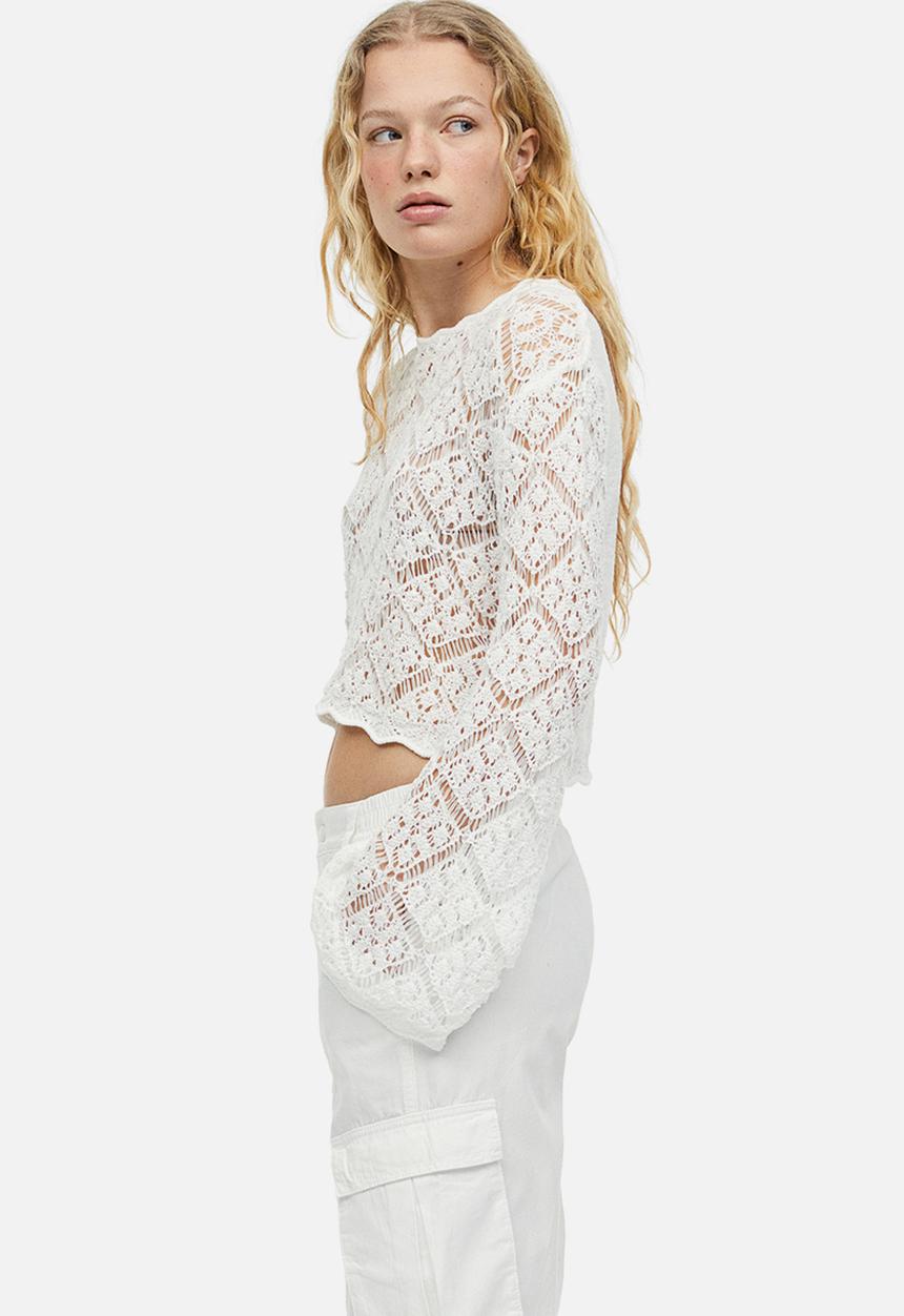 H&M - Cropped hole-knit jumper - cream 