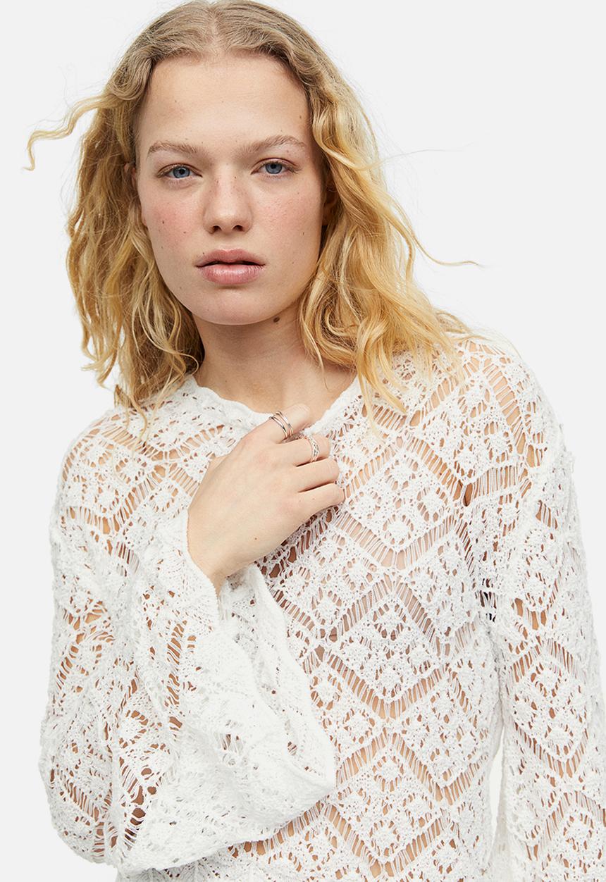 H&M - Cropped hole-knit jumper - cream 