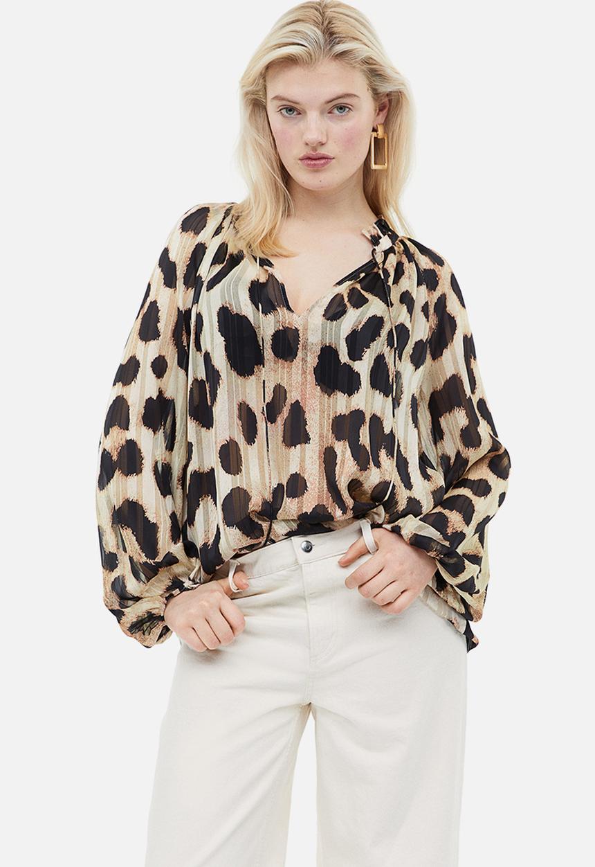 H&M - Frill-trimmed crêpe blouse - light beige leopard print 