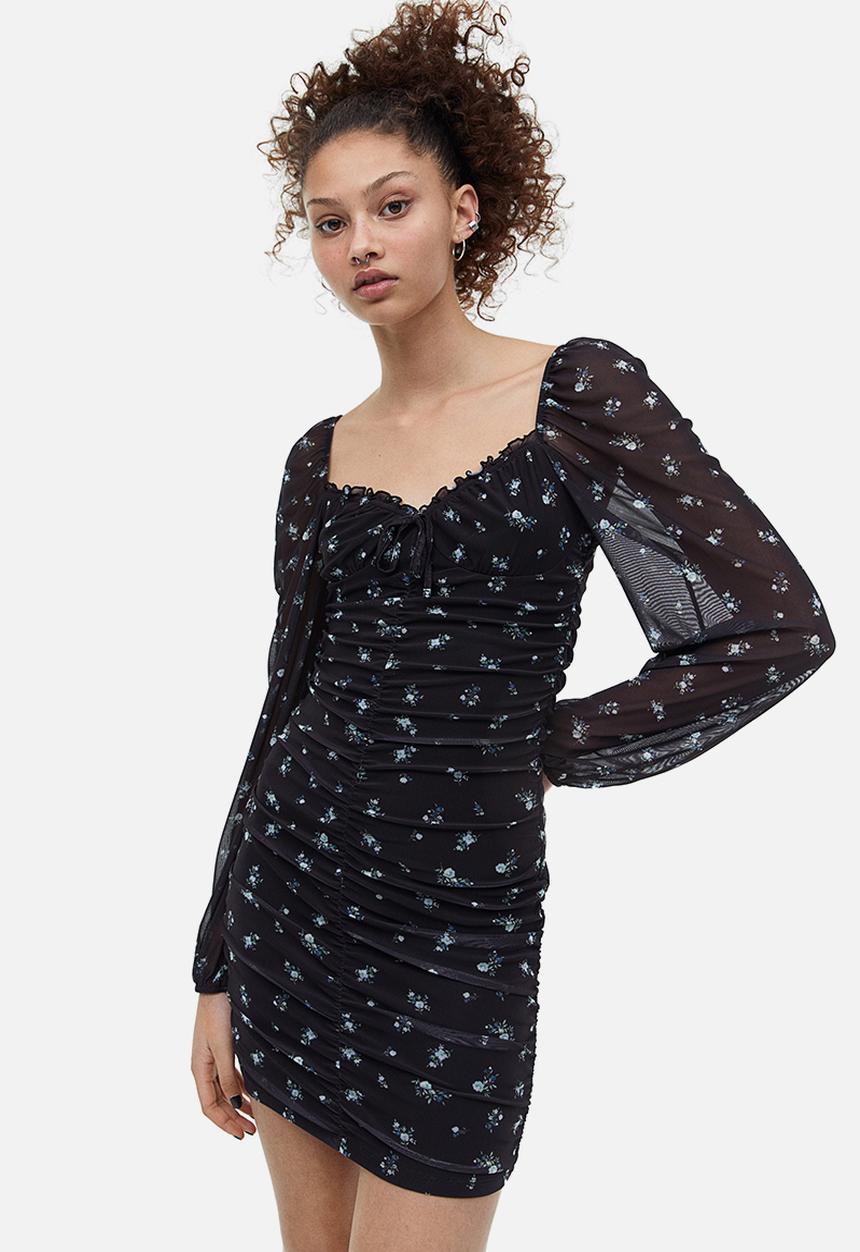 H&M - Gathered mesh dress - black floral 