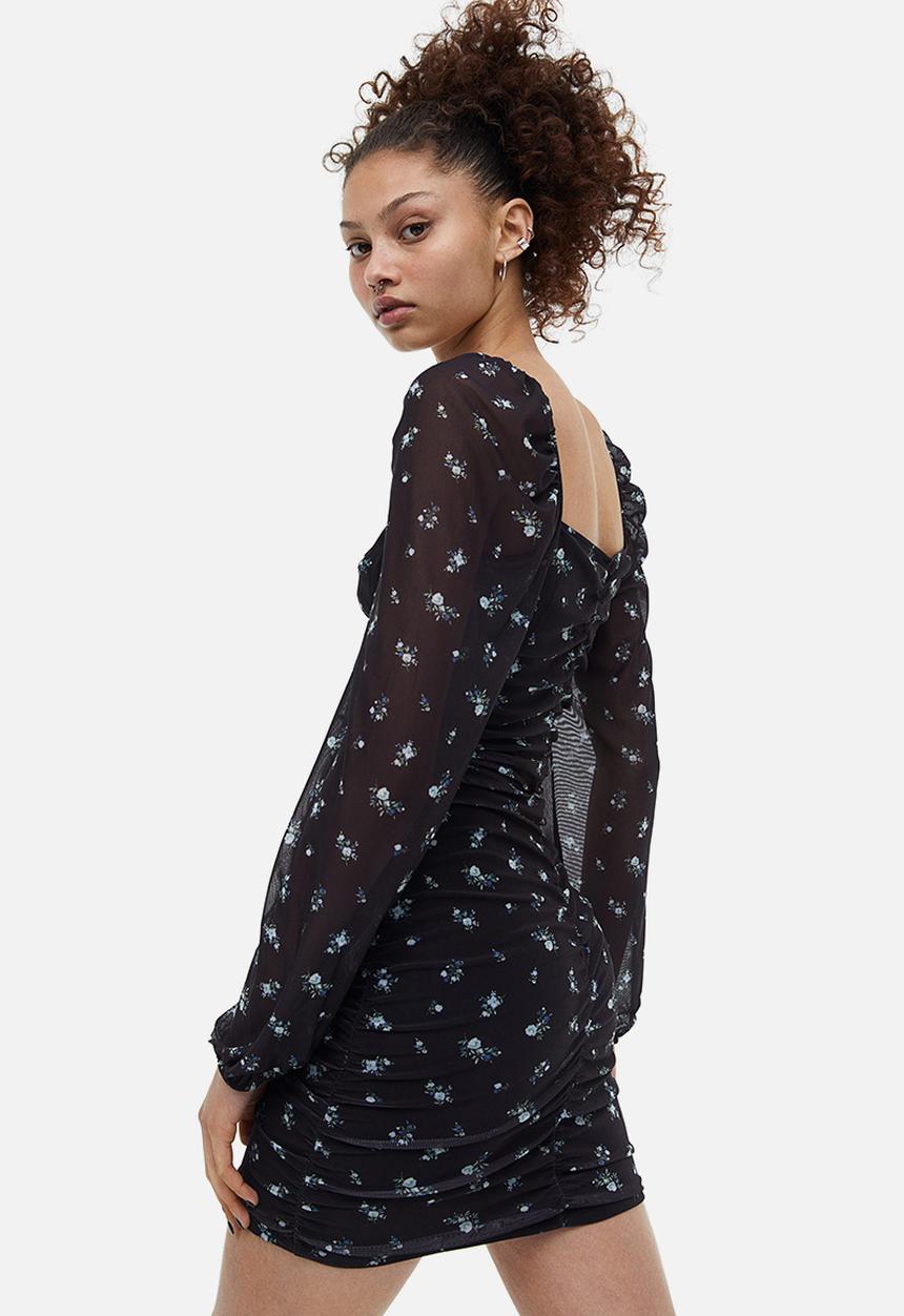 H&M - Gathered mesh dress - black floral 