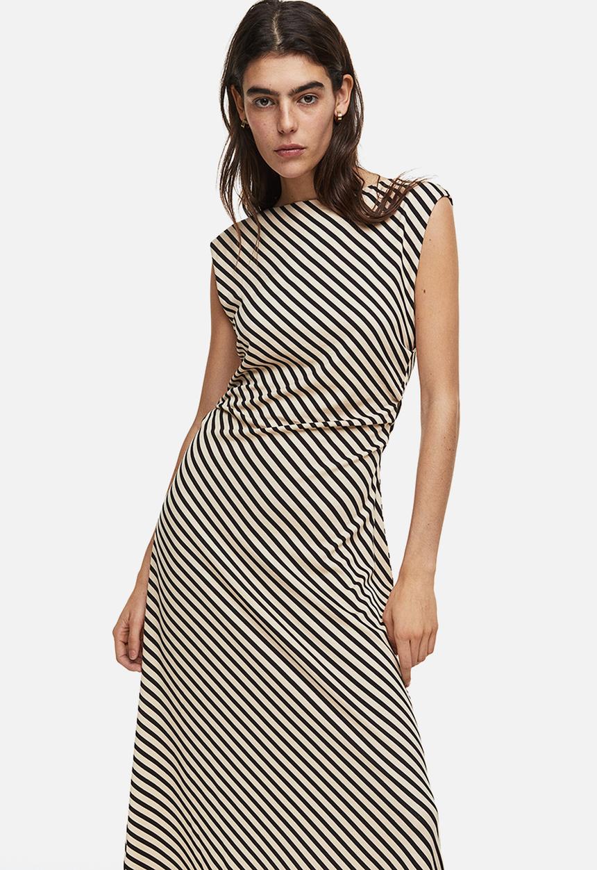 H&M - Gathered dress - light beige striped 