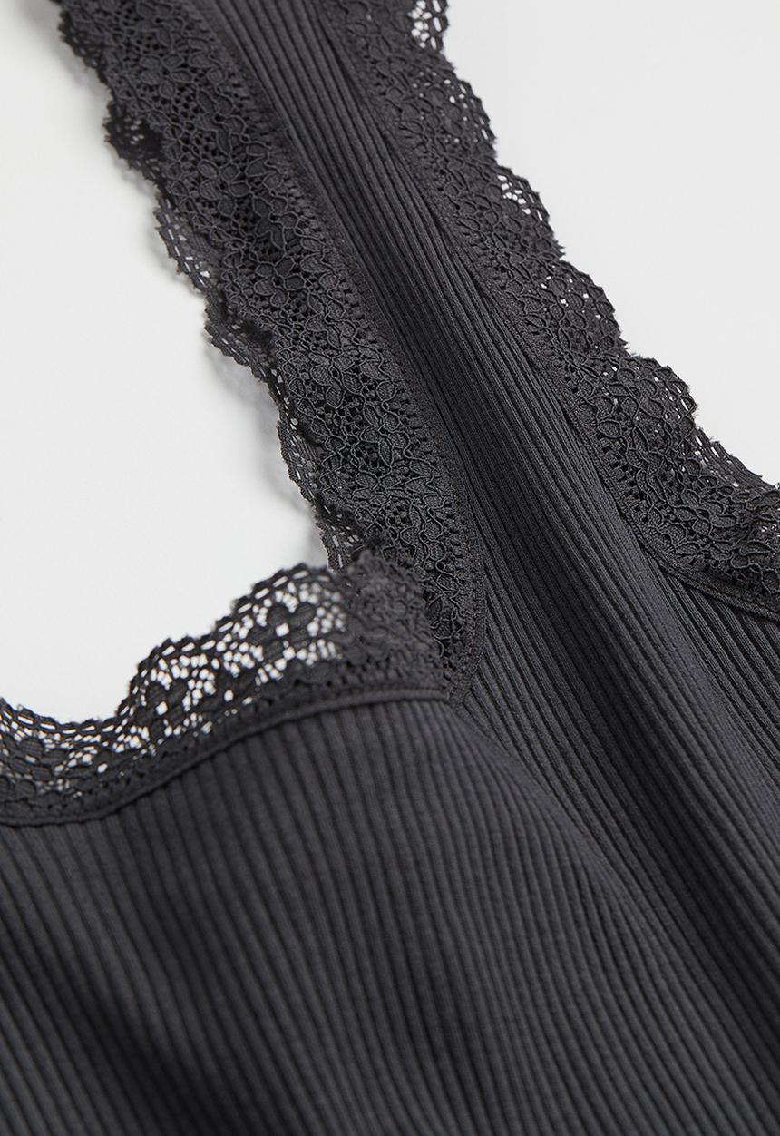 H&M - Lace-trimmed ribbed dress - dark grey 