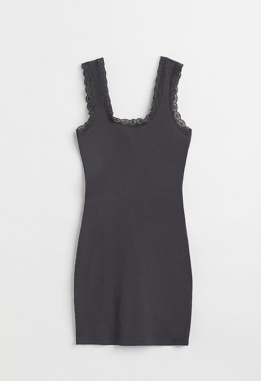 H&M - Lace-trimmed ribbed dress - dark grey 